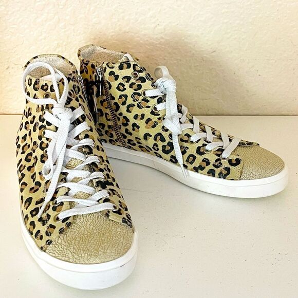 LEATHER CROWN MID TOPS in leopard print and gold metallic leather. New - Picture 6 of 14